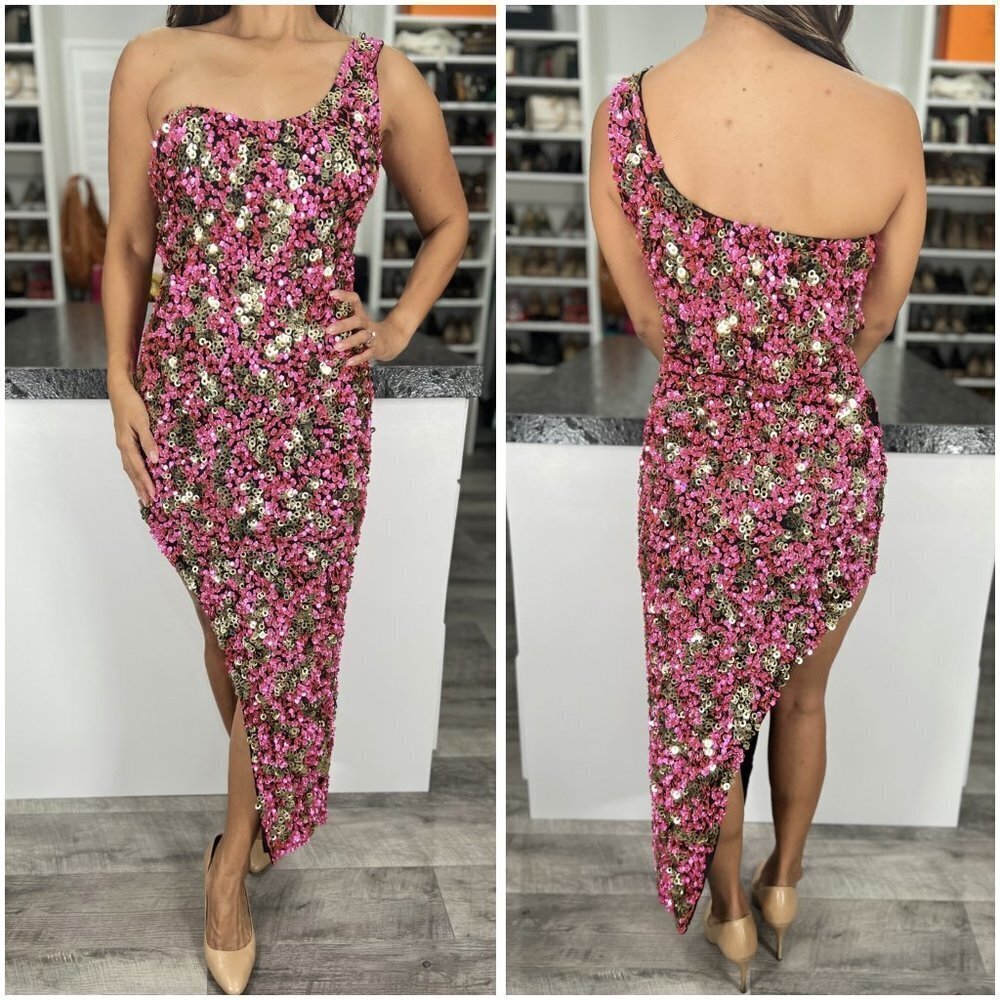 Hours Magenta Pink Gold Sequined Midi Gown $328